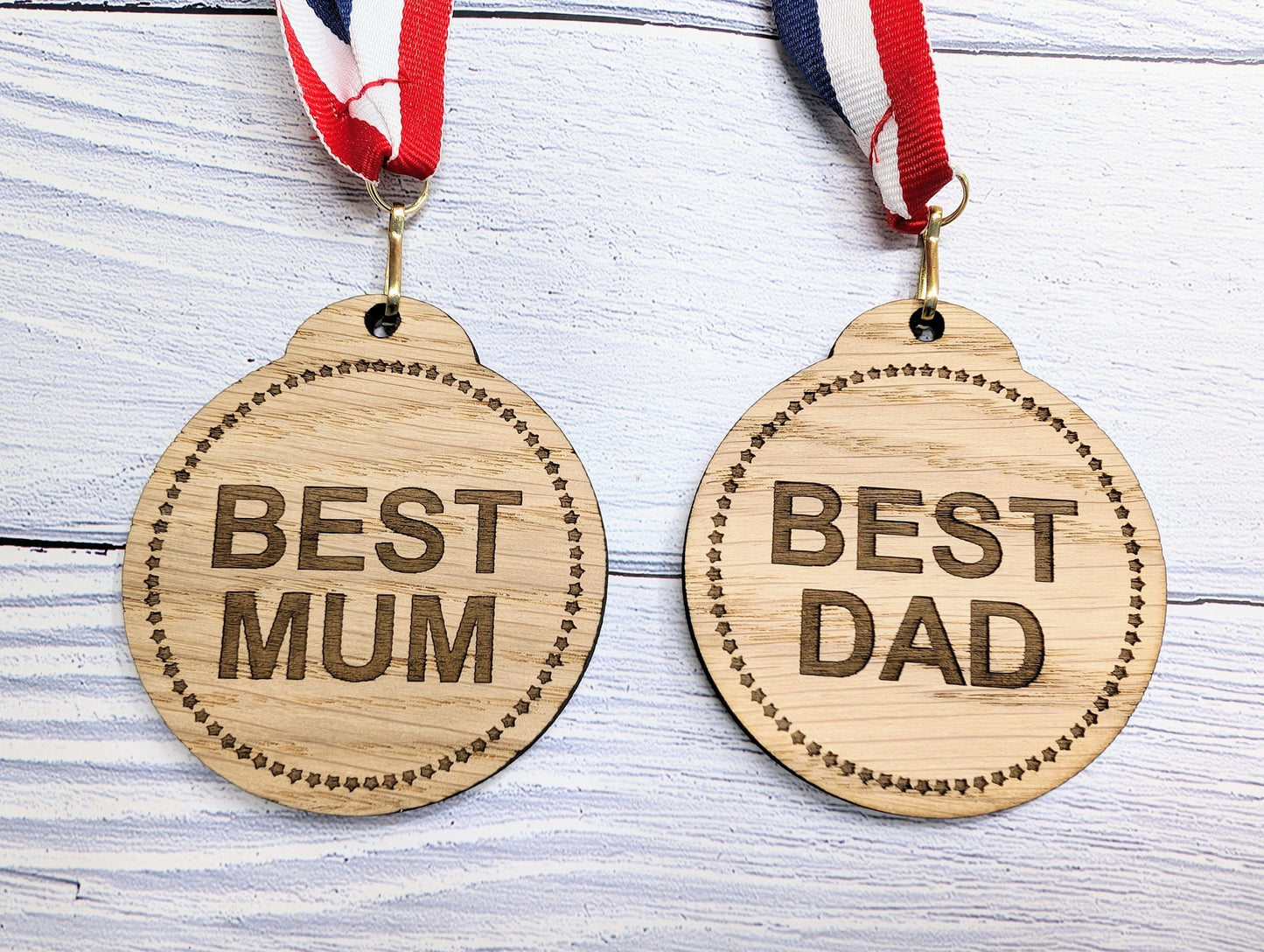 Best Mum & Best Dad Medals - Personalised Oak Veneer Awards, Perfect Family Gift - Crafted in Wales