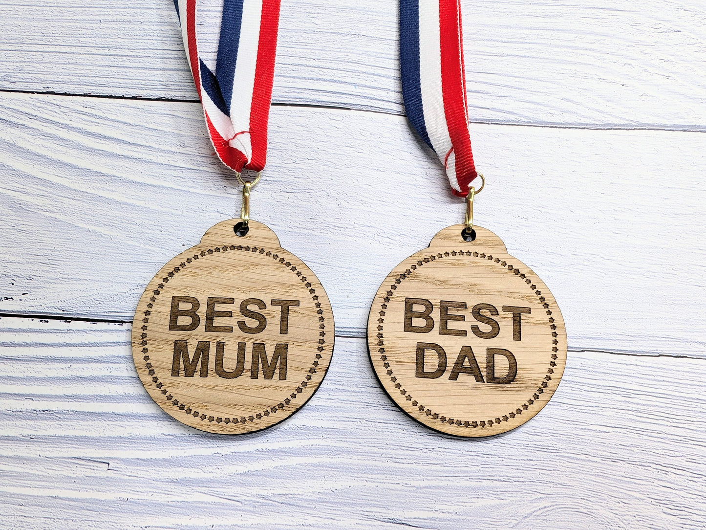 Best Mum & Best Dad Medals - Personalised Oak Veneer Awards, Perfect Family Gift - Crafted in Wales