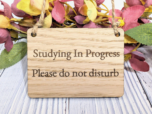 Studying in Progress - Oak Door Sign, Handcrafted in Wales, Eco-Friendly Study Aid, Available in 4 Sizes