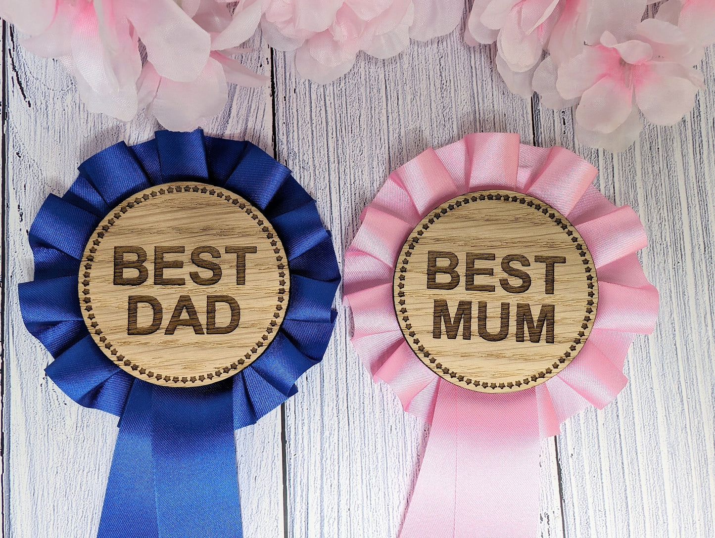 Best Mum & Dad Wooden Rosettes - Eco-Friendly, Welsh Craft | Unique Parent Awards, Handcrafted Sustainable Wood, Customisable