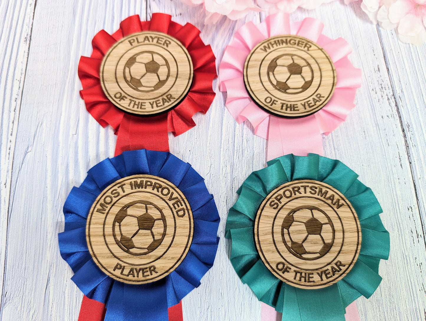 Custom Football Rosettes - Personalised Soccer Awards | Choice of Colours, Eco-Friendly, Handcrafted, Fun & Serious Titles