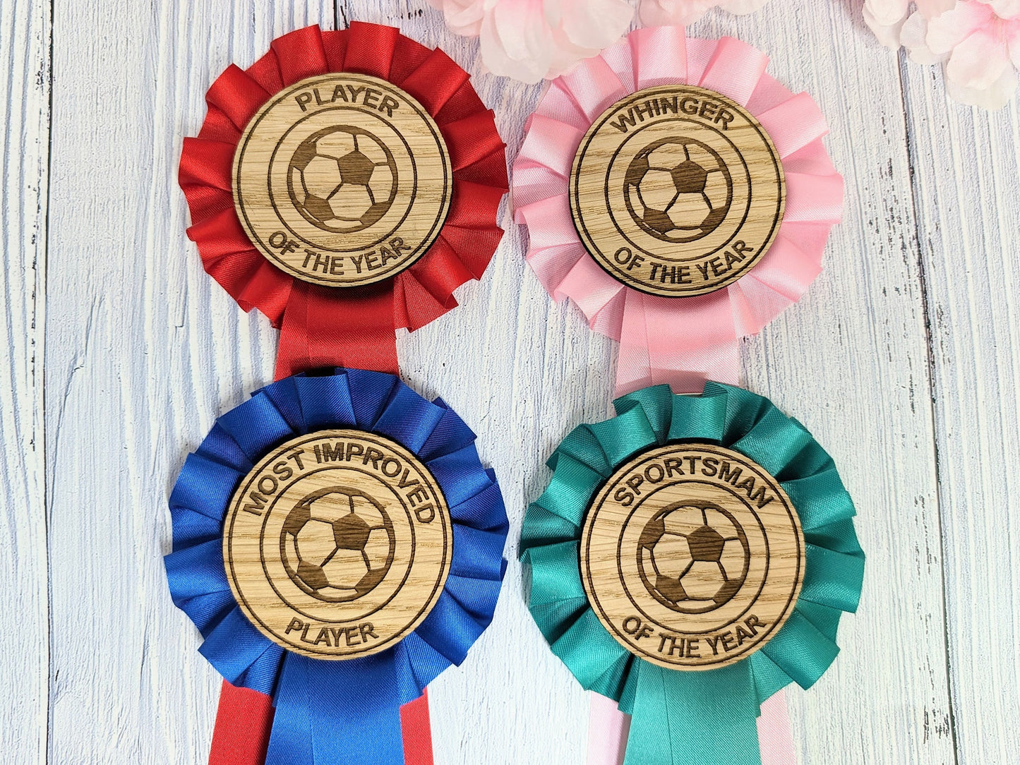 Custom Football Rosettes - Personalised Soccer Awards | Choice of Colours, Eco-Friendly, Handcrafted, Fun & Serious Titles