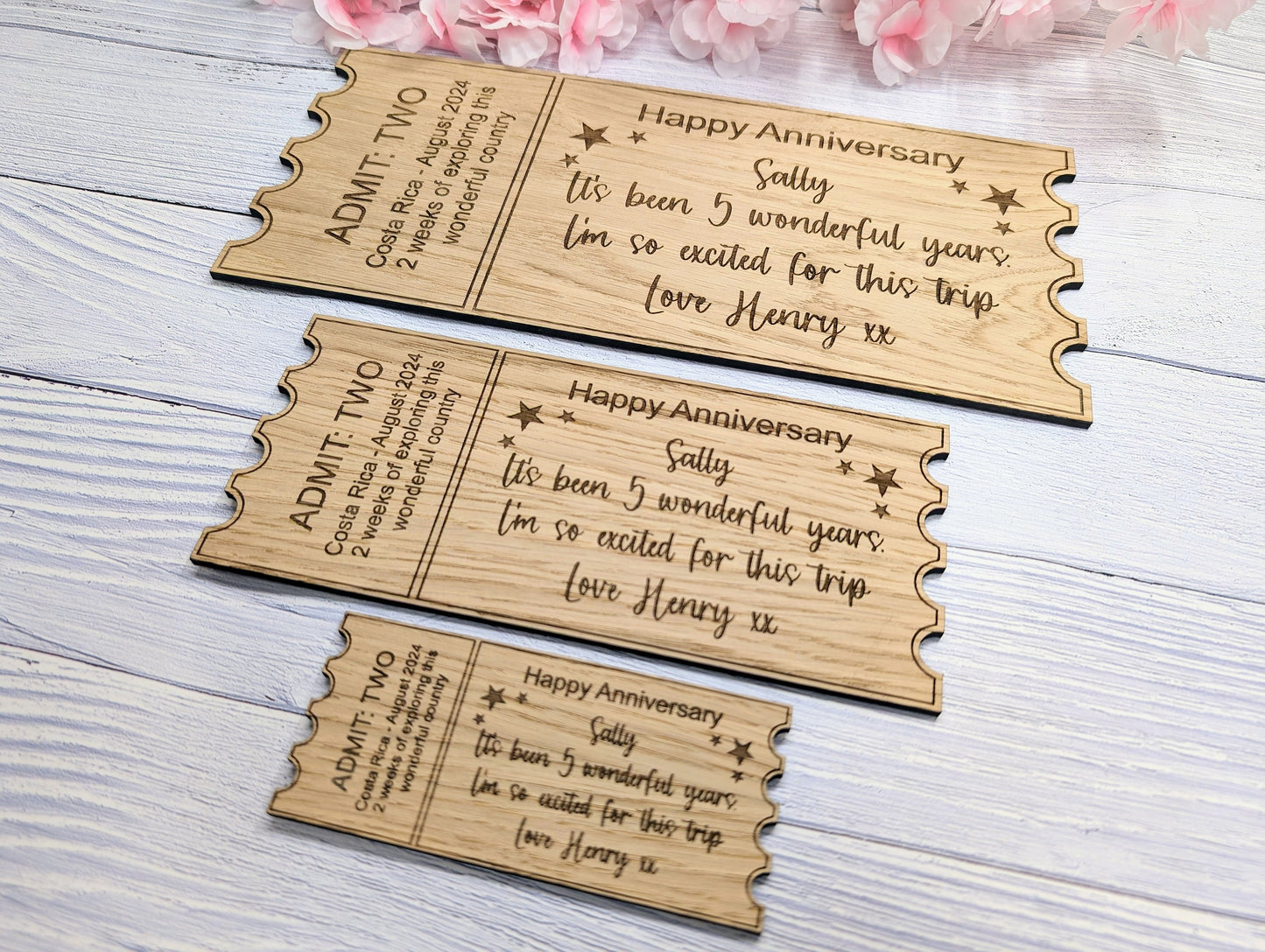 Personalised Oak Veneer Anniversary Ticket - Custom Love Voucher, Unique Keepsake Gift | Handcrafted in Wales, 3 Sizes Available