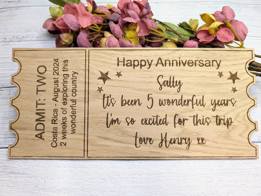 Personalised Oak Veneer Anniversary Ticket - Custom Love Voucher, Unique Keepsake Gift | Handcrafted in Wales, 3 Sizes Available