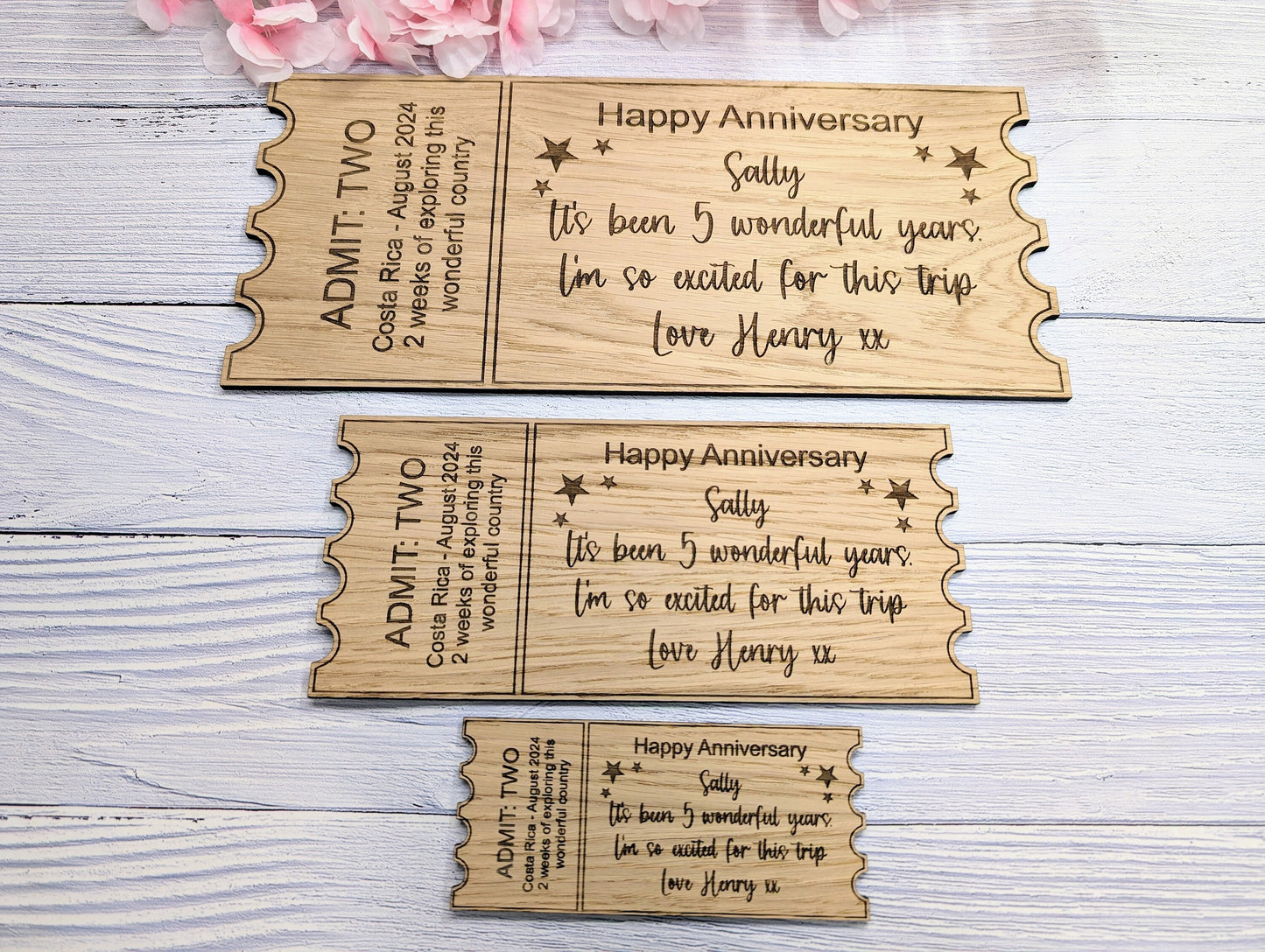 Personalised Oak Veneer Anniversary Ticket - Custom Love Voucher, Unique Keepsake Gift | Handcrafted in Wales, 3 Sizes Available