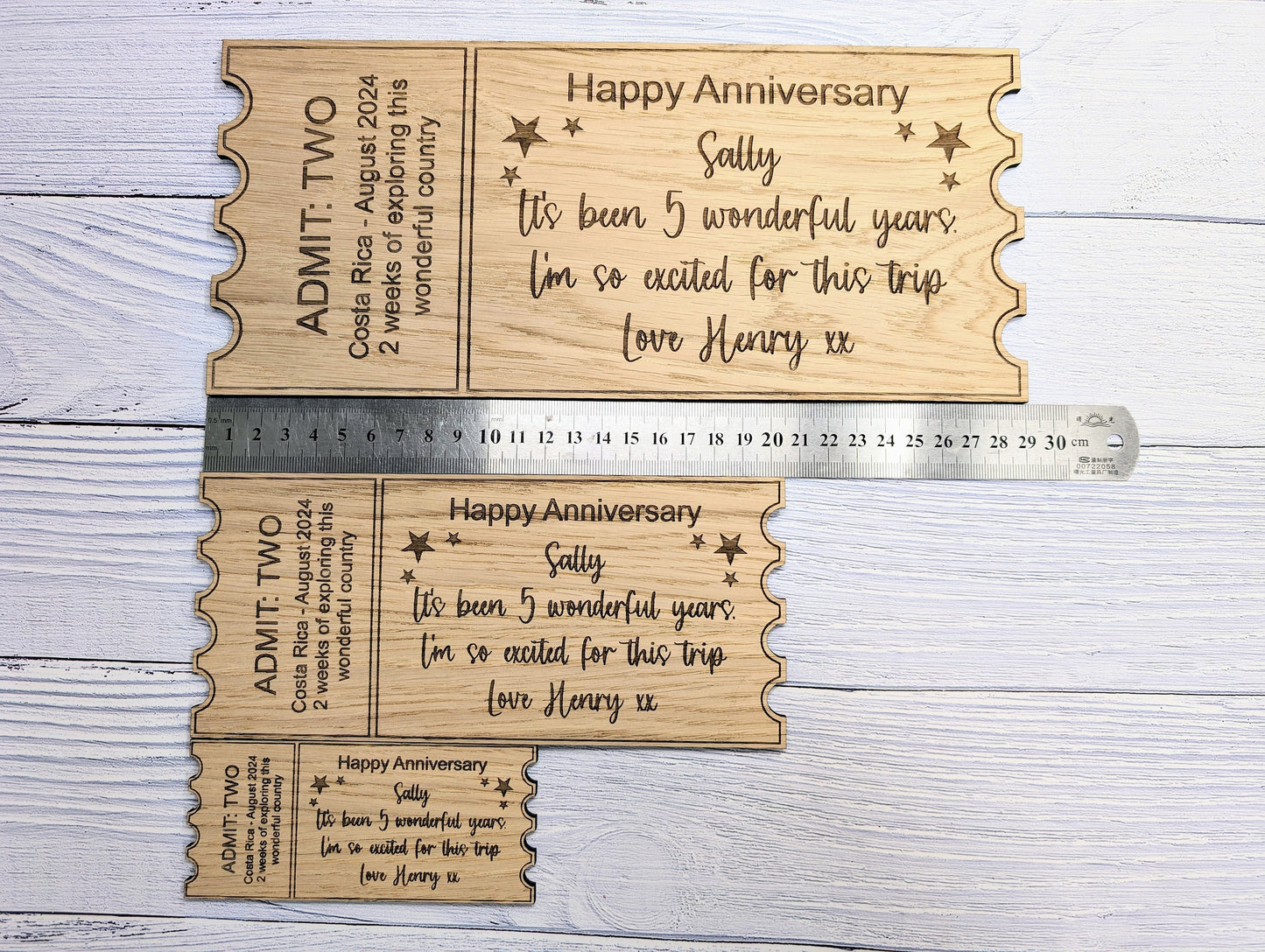 Personalised Oak Veneer Anniversary Ticket - Custom Love Voucher, Unique Keepsake Gift | Handcrafted in Wales, 3 Sizes Available