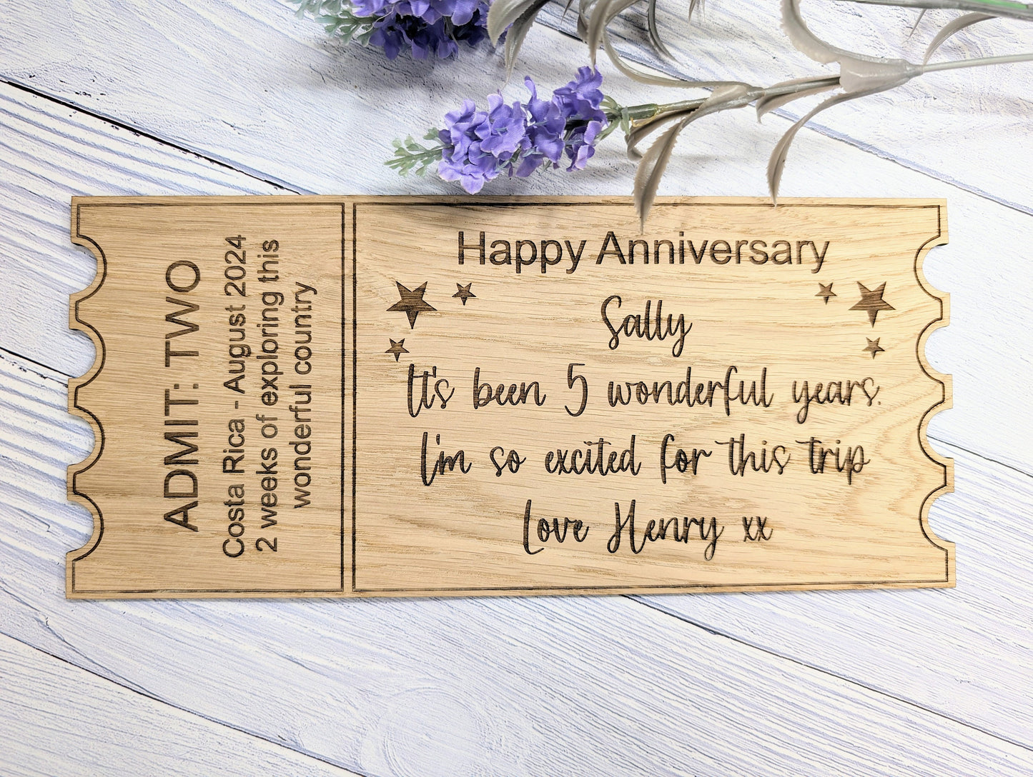 Personalised Oak Veneer Anniversary Ticket - Custom Love Voucher, Unique Keepsake Gift | Handcrafted in Wales, 3 Sizes Available