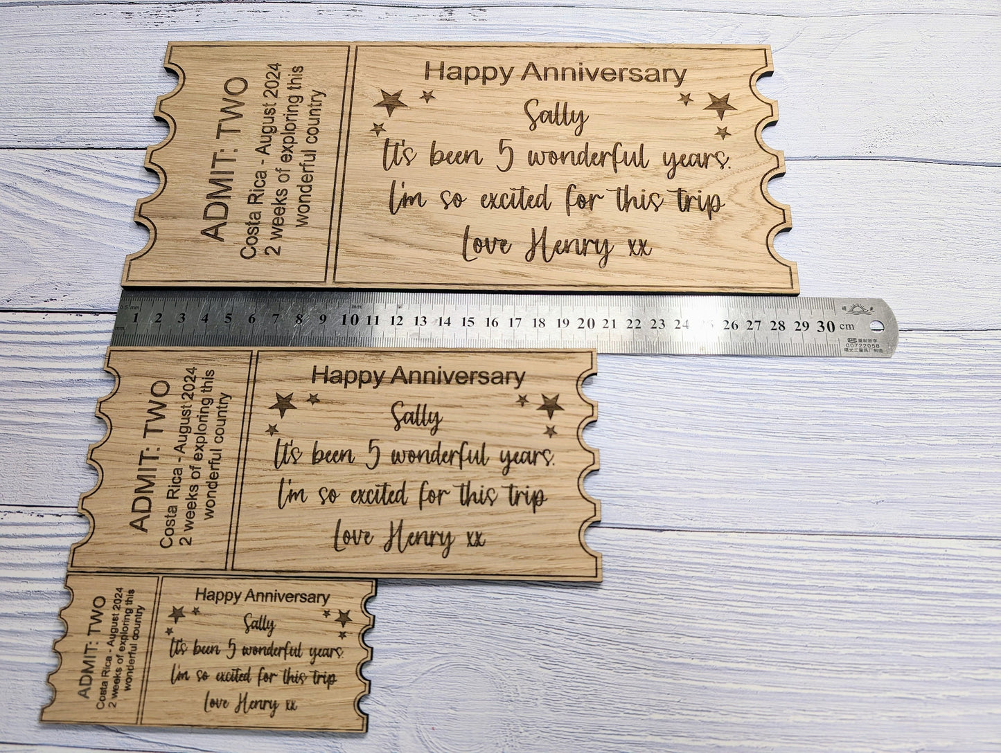 Personalised Oak Veneer Anniversary Ticket - Custom Love Voucher, Unique Keepsake Gift | Handcrafted in Wales, 3 Sizes Available