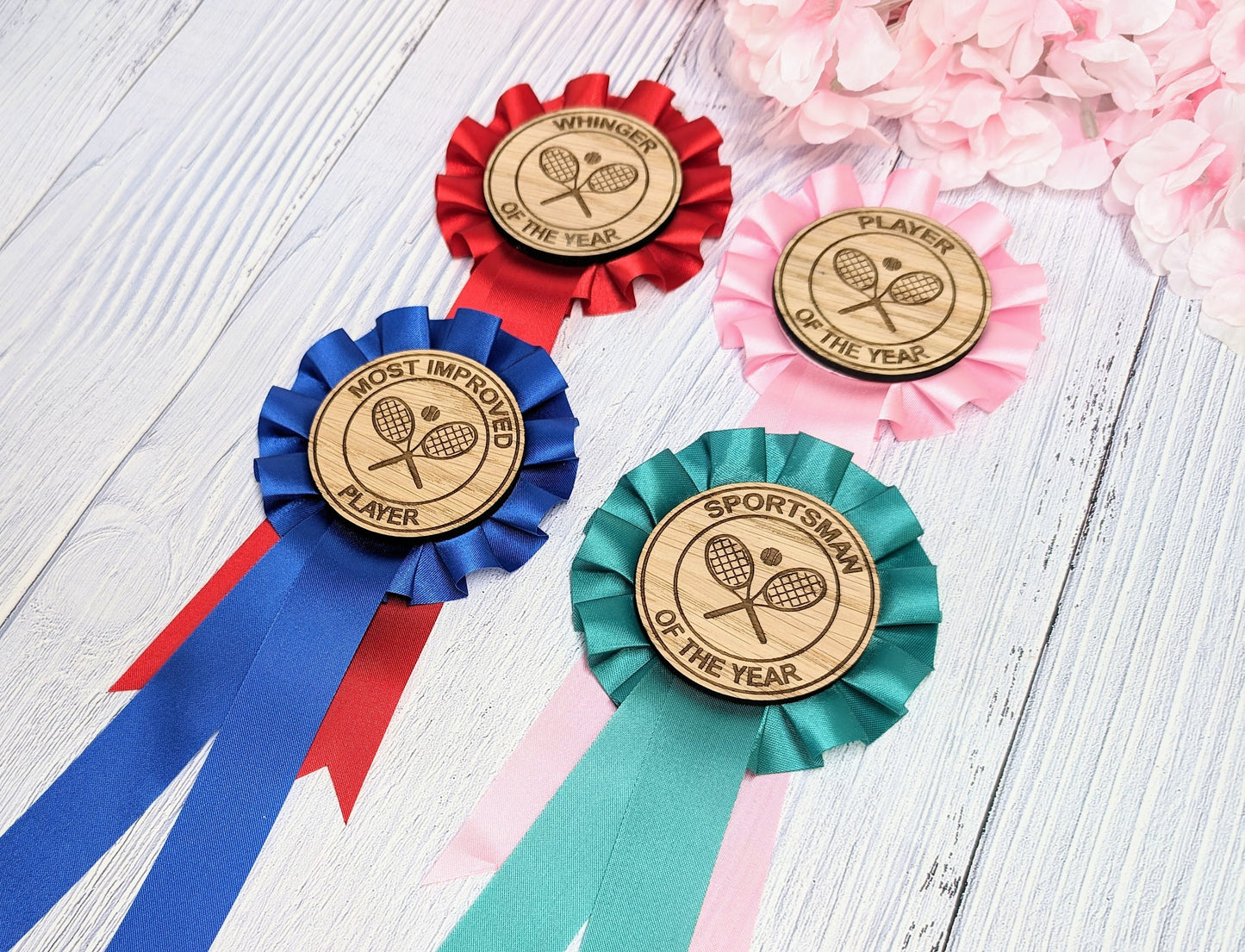 Custom Tennis Rosettes - Personalised Tennis Awards | Choice of Colours, Eco-Friendly, Handcrafted, Fun & Serious Titles