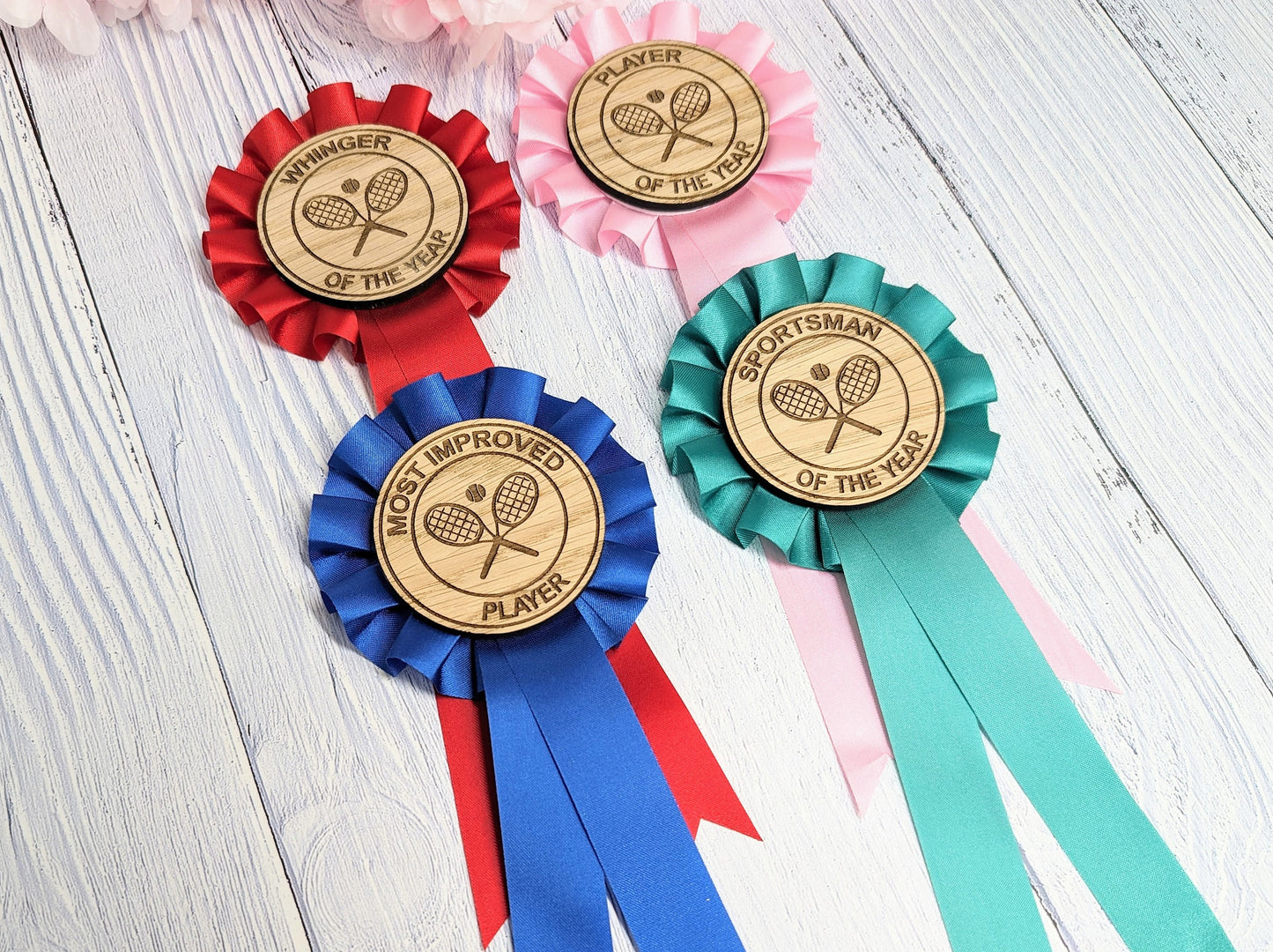 Custom Tennis Rosettes - Personalised Tennis Awards | Choice of Colours, Eco-Friendly, Handcrafted, Fun & Serious Titles