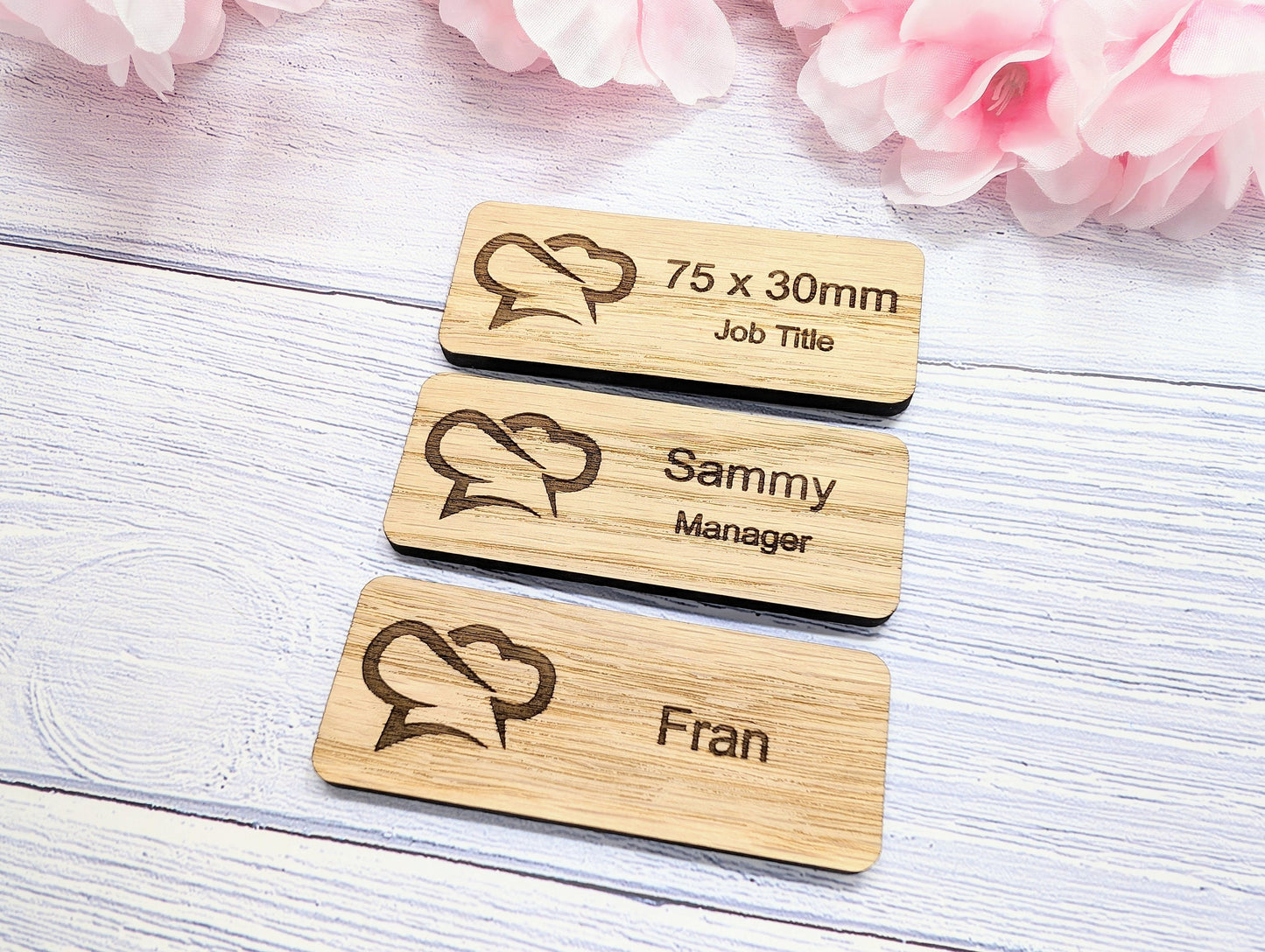 Custom Cafe & Restaurant Name Badges - 75x30mm, Eco Oak MDF, Chef/Coffee Graphics, Magnet/Pin, Personalized Staff Tags