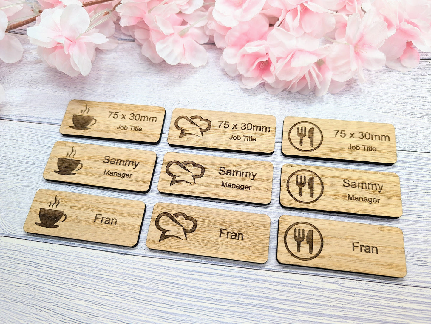 Custom Cafe & Restaurant Name Badges - 75x30mm, Eco Oak MDF, Chef/Coffee Graphics, Magnet/Pin, Personalized Staff Tags