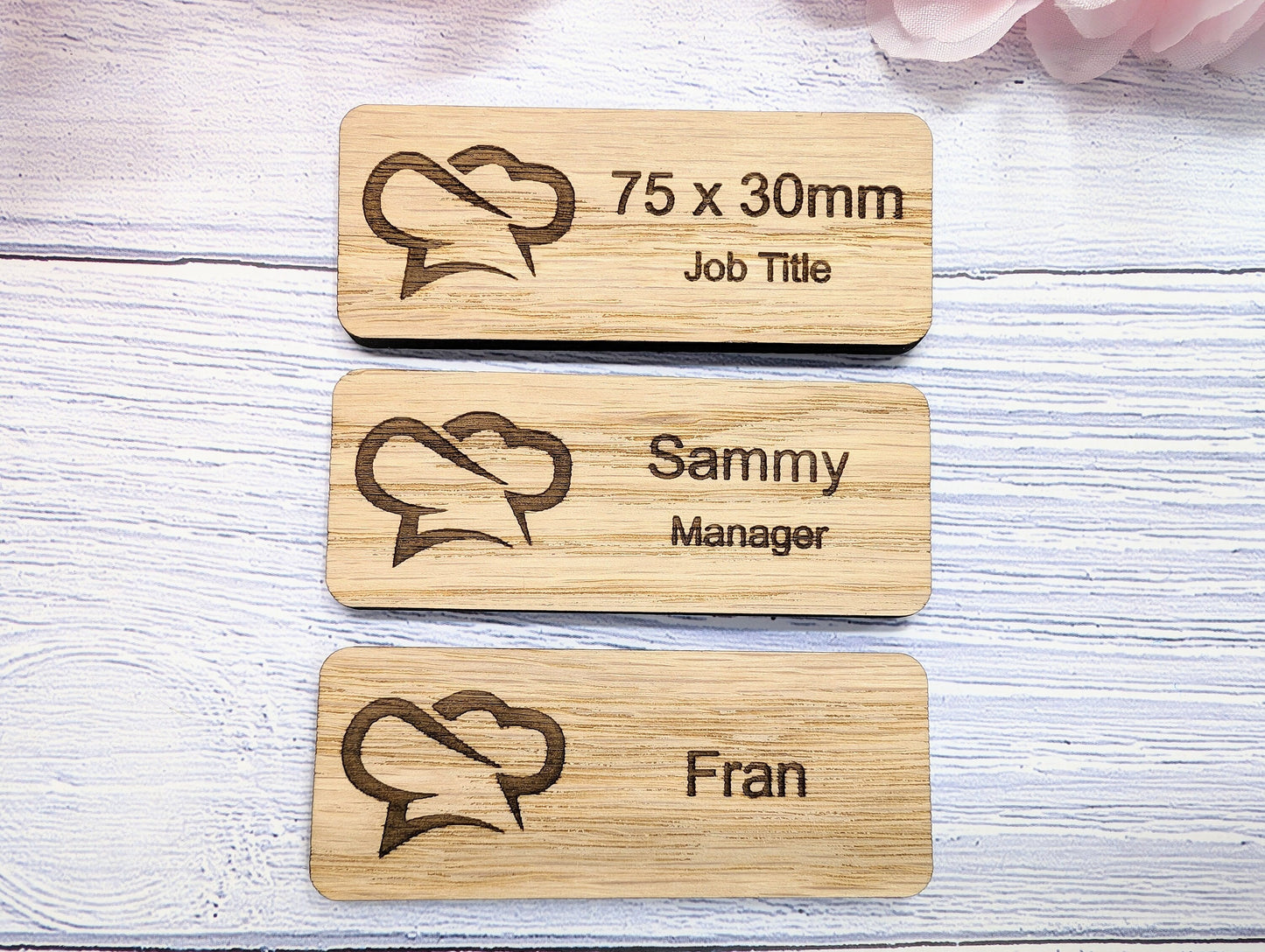 Custom Cafe & Restaurant Name Badges - 75x30mm, Eco Oak MDF, Chef/Coffee Graphics, Magnet/Pin, Personalized Staff Tags