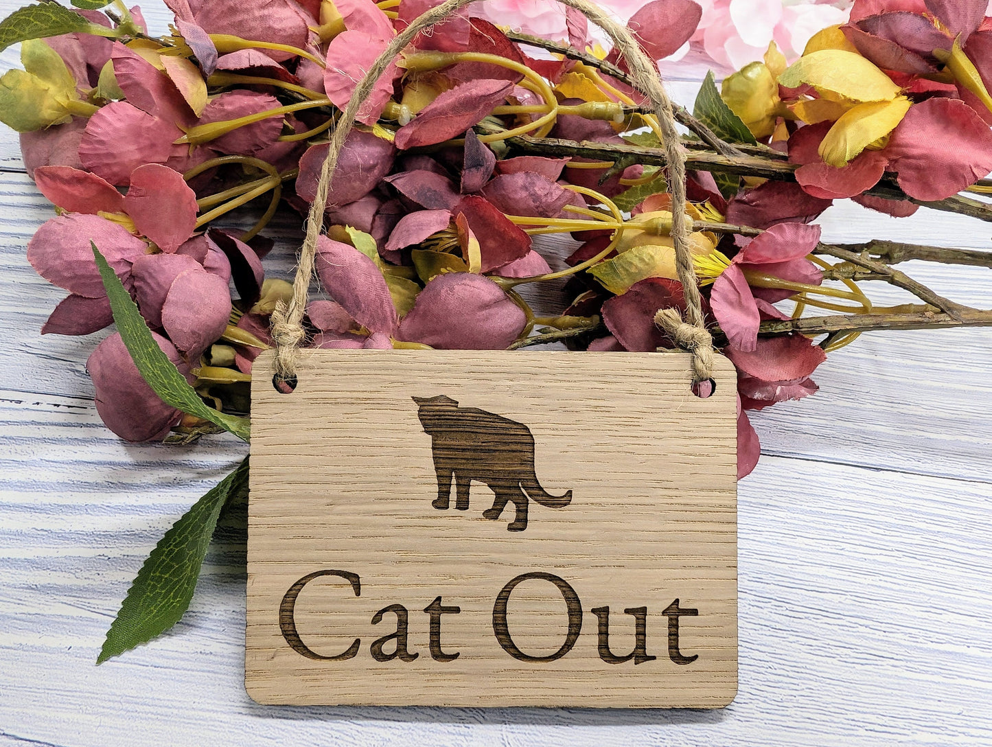 Double-Sided 'Cat In/Out' Wooden Tracker Sign - Eco-Friendly, Handcrafted | Cat Lovers' Must-Have, 4 Sizes, Made in Wales