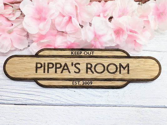 Personalised Railway Station Room Name Sign - Oak MDF - Customizable Text, 4 Sizes - Eco-Friendly, British Crafted Door Sign