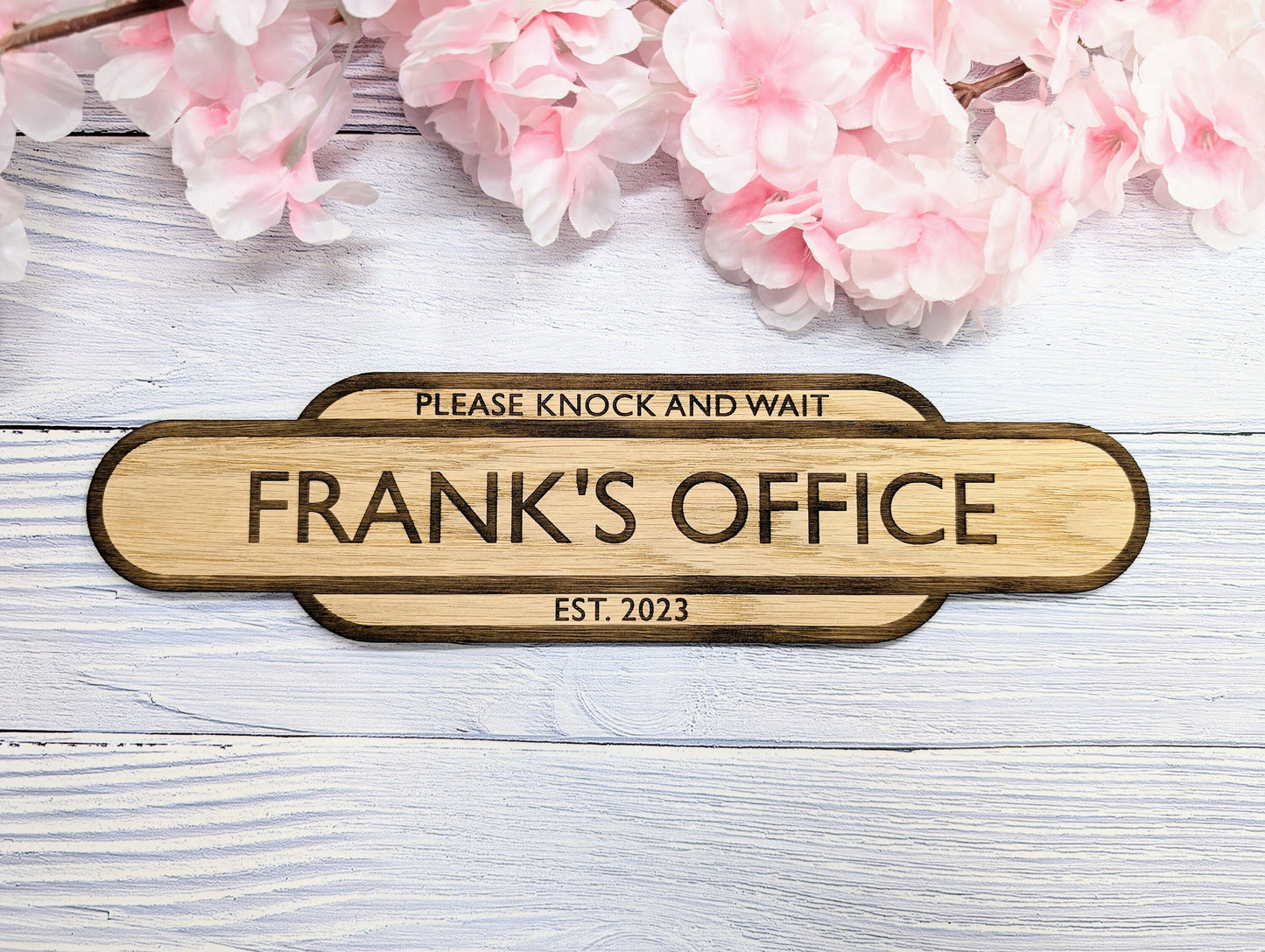 Personalised Railway Station Office Door Sign - Oak MDF - Customisable Text, 4 Sizes - Eco-Friendly, British Crafted Door Sign