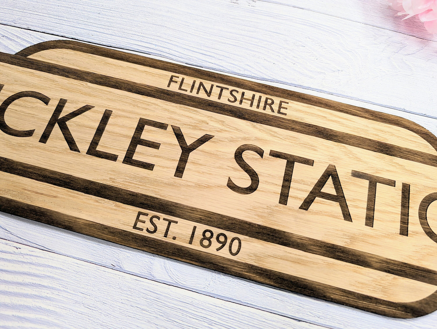 Model Railway Custom Station Sign - Oak MDF, Personalised for Enthusiasts, Authentic British Design, 4 Sizes