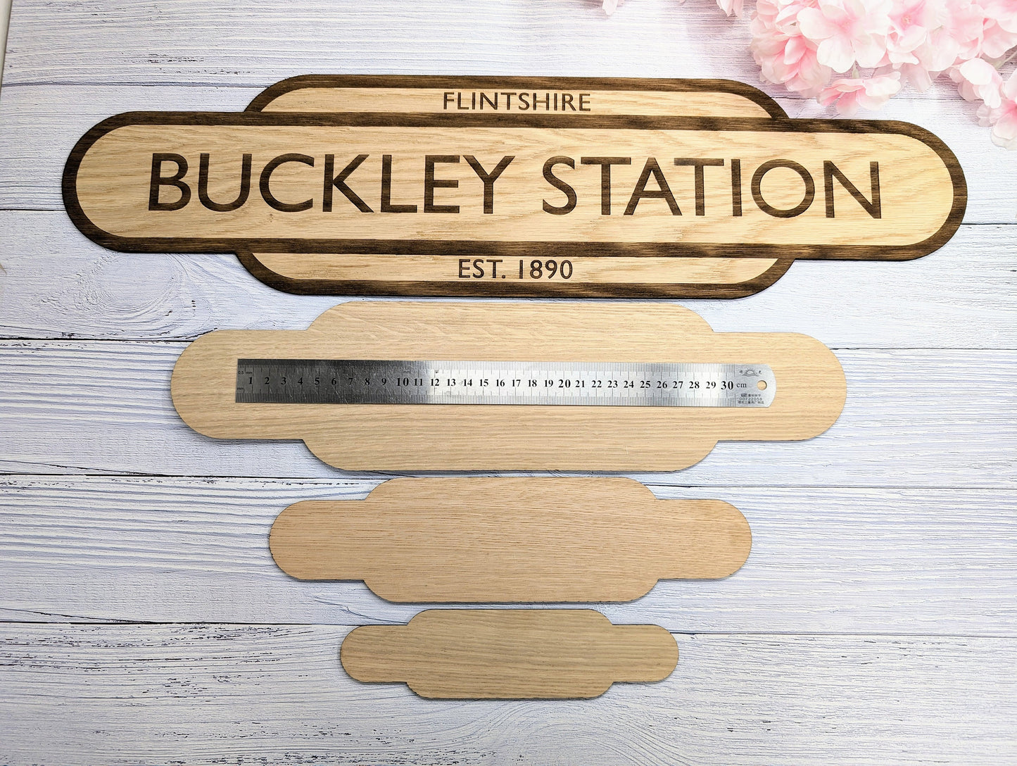 Model Railway Custom Station Sign - Oak MDF, Personalised for Enthusiasts, Authentic British Design, 4 Sizes