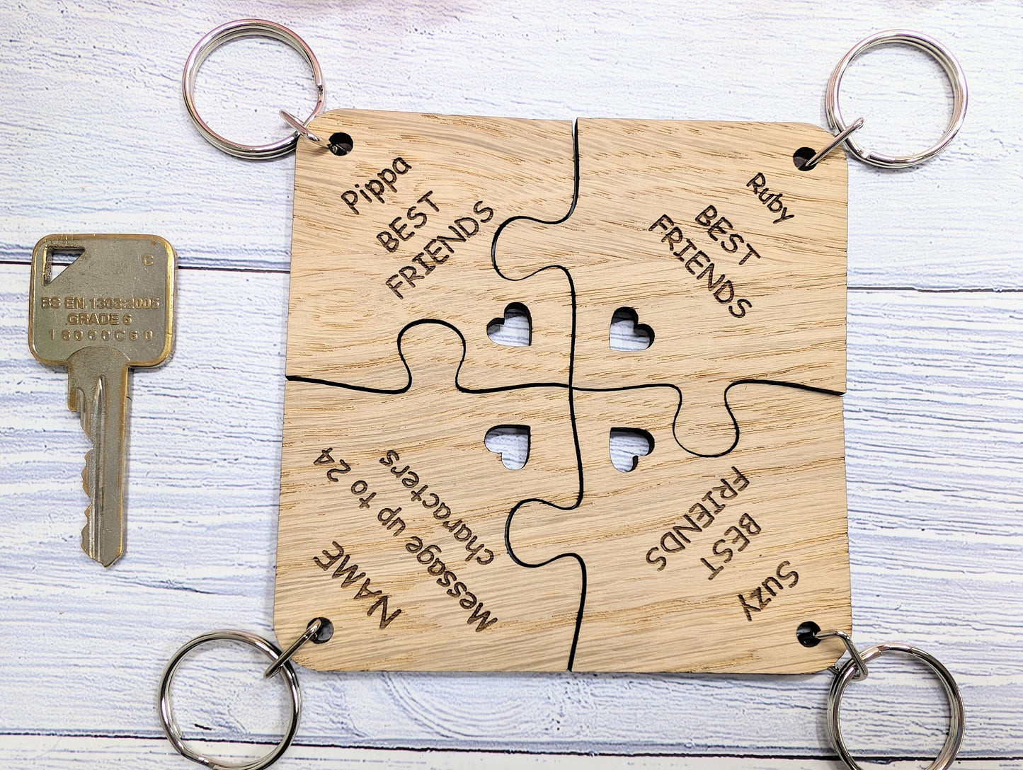 Personalised Jigsaw Keyring Set - 4 Pieces, Oak Veneer, 100x100mm | Handcrafted in Wales, Unique Gift Idea, Friends, Family, Colleagues