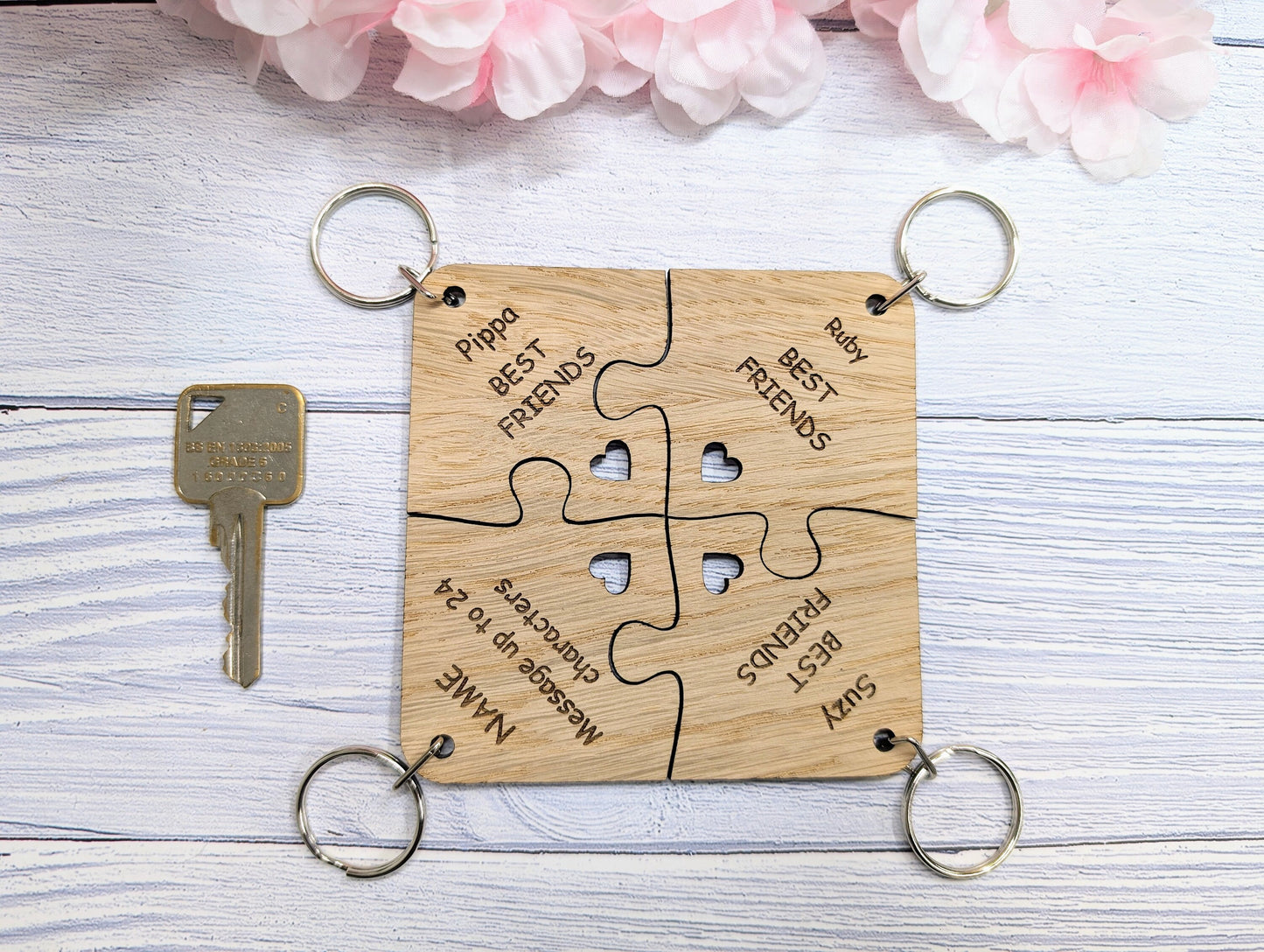 Personalised Jigsaw Keyring Set - 4 Pieces, Oak Veneer, 100x100mm | Handcrafted in Wales, Unique Gift Idea, Friends, Family, Colleagues