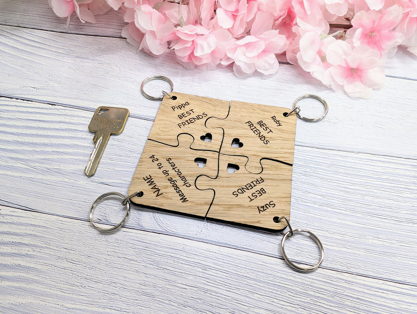 Personalised Jigsaw Keyring Set - 4 Pieces, Oak Veneer, 100x100mm | Handcrafted in Wales, Unique Gift Idea, Friends, Family, Colleagues