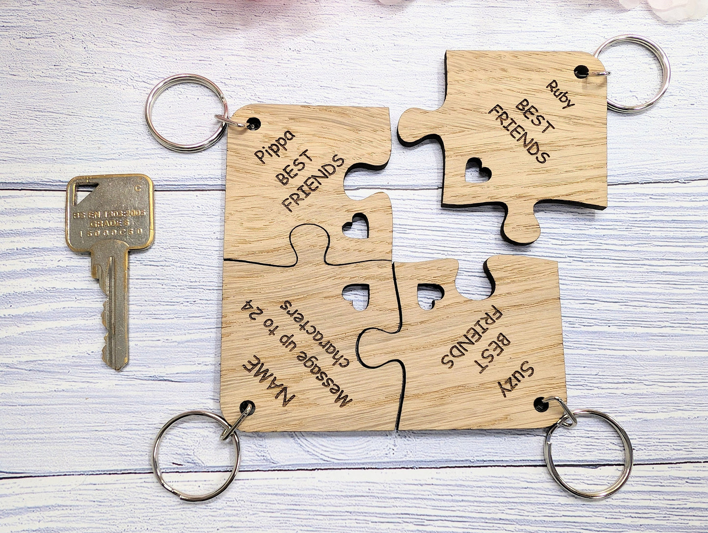 Personalised Jigsaw Keyring Set - 4 Pieces, Oak Veneer, 100x100mm | Handcrafted in Wales, Unique Gift Idea, Friends, Family, Colleagues