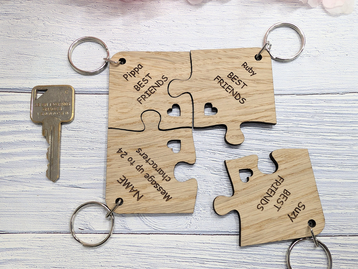 Personalised Jigsaw Keyring Set - 4 Pieces, Oak Veneer, 100x100mm | Handcrafted in Wales, Unique Gift Idea, Friends, Family, Colleagues