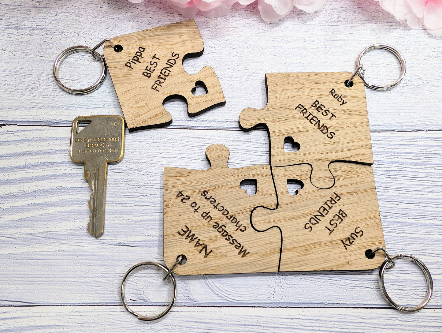 Personalised Jigsaw Keyring Set - 4 Pieces, Oak Veneer, 100x100mm | Handcrafted in Wales, Unique Gift Idea, Friends, Family, Colleagues