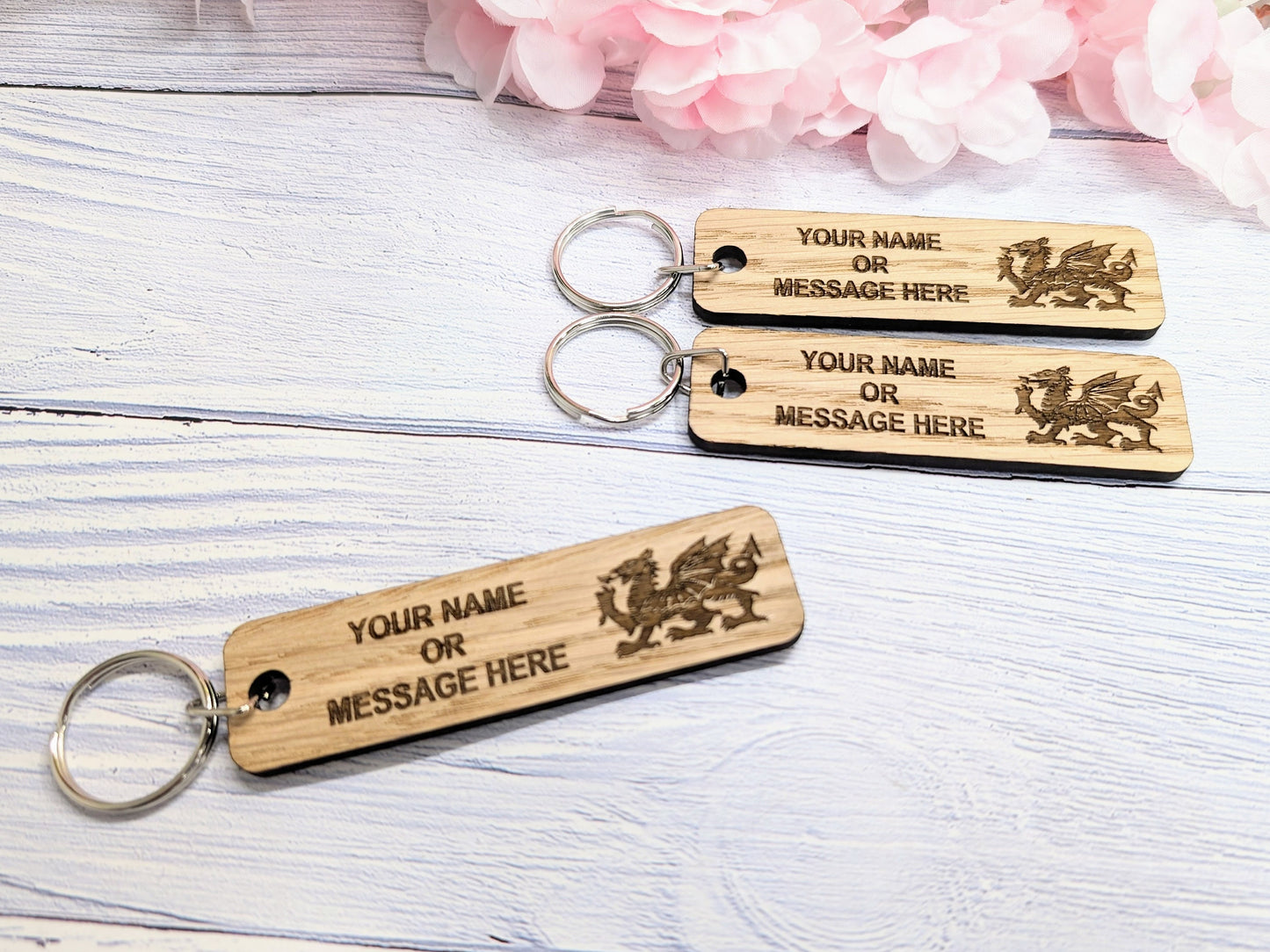 Personalised Welsh Dragon Keyring - 90x25mm Oak Wood, Custom Text | Ideal for Hotels, Clubs, Gifts, Sports Teams, Airbnb, Keepsake