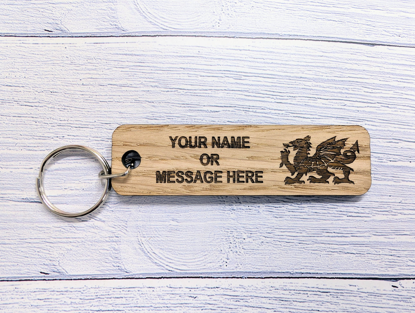 Personalised Welsh Dragon Keyring - 90x25mm Oak Wood, Custom Text | Ideal for Hotels, Clubs, Gifts, Sports Teams, Airbnb, Keepsake