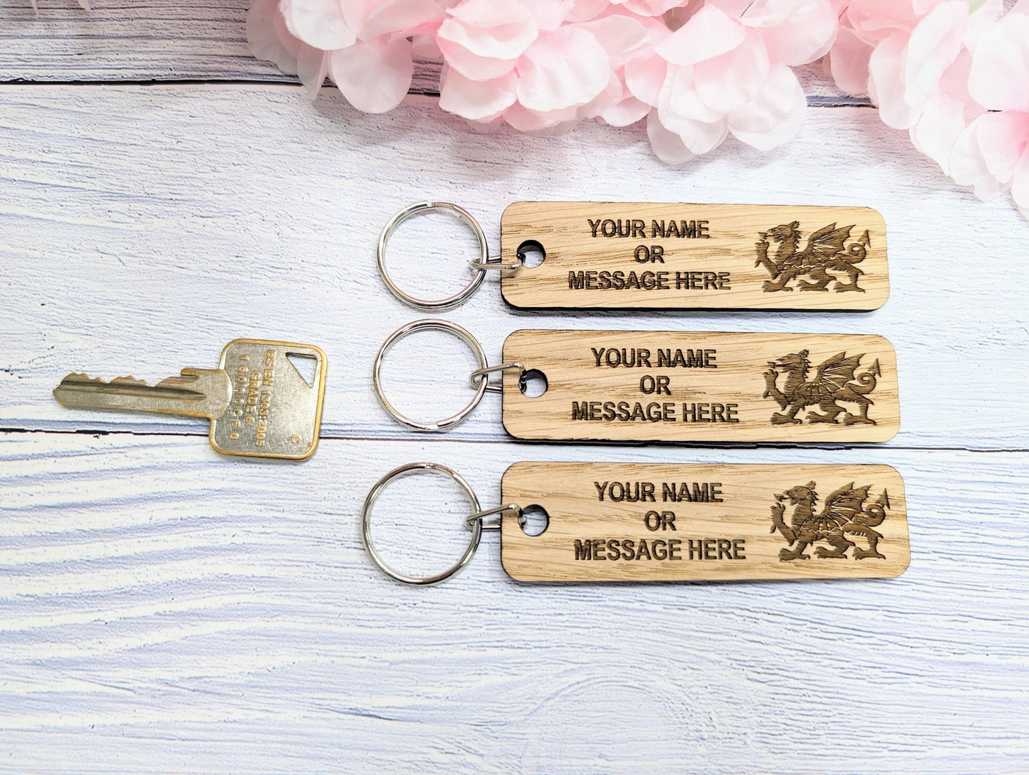 Personalised Welsh Dragon Keyring - 90x25mm Oak Wood, Custom Text | Ideal for Hotels, Clubs, Gifts, Sports Teams, Airbnb, Keepsake