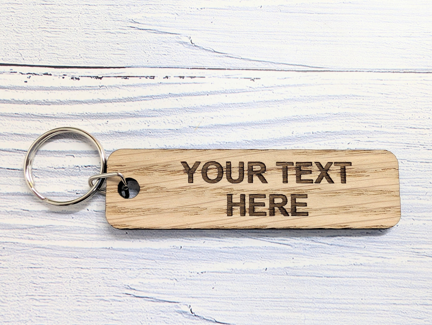 Custom Text Oak Wood Keyring - 90x25mm