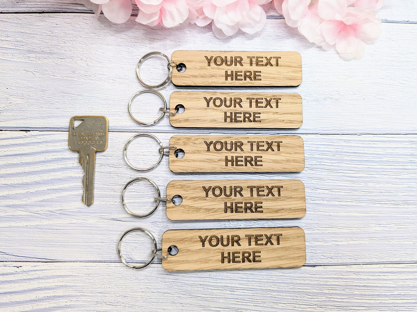 Custom Text Oak Wood Keyring - 90x25mm