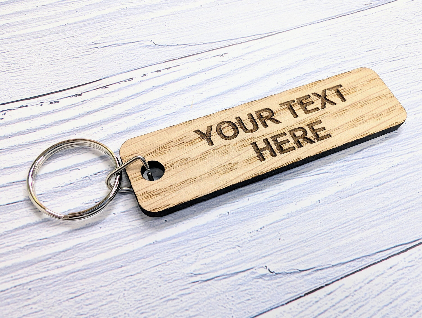 Custom Text Oak Wood Keyring - 90x25mm