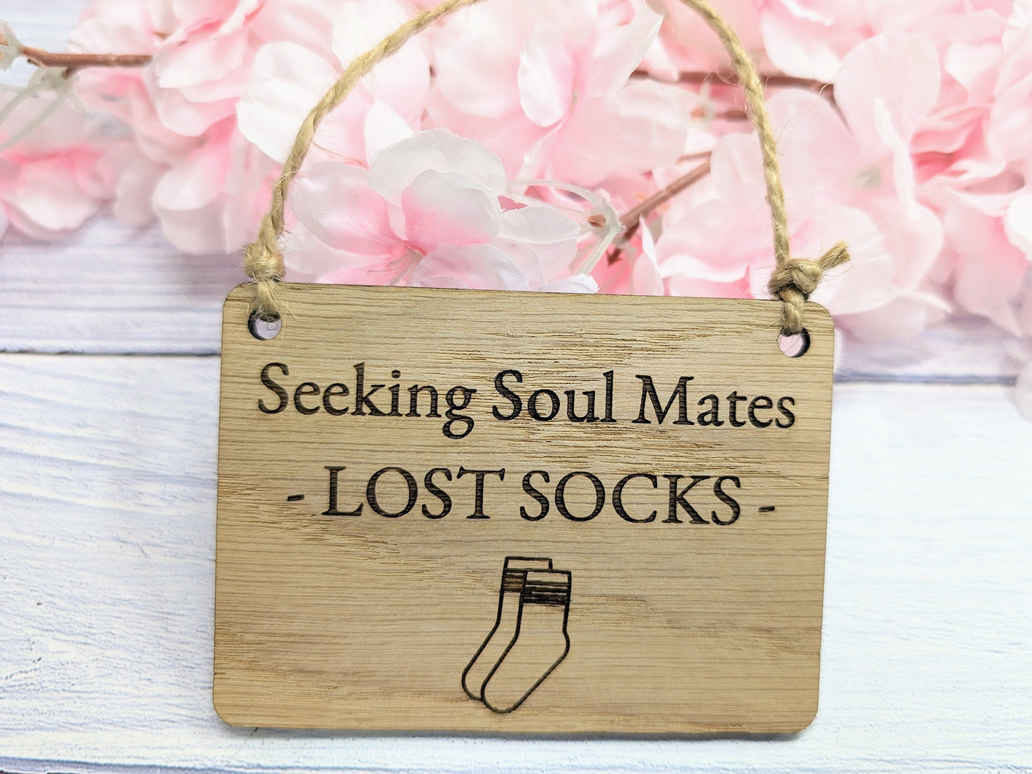 Seeking Soul Mates' - Oak Veneer MDF, Quirky Laundry Decor, 4 Sizes, Sock Graphic, Non-Personalised