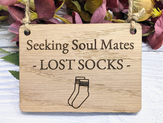 Seeking Soul Mates' - Oak Veneer MDF, Quirky Laundry Decor, 4 Sizes, Sock Graphic, Non-Personalised