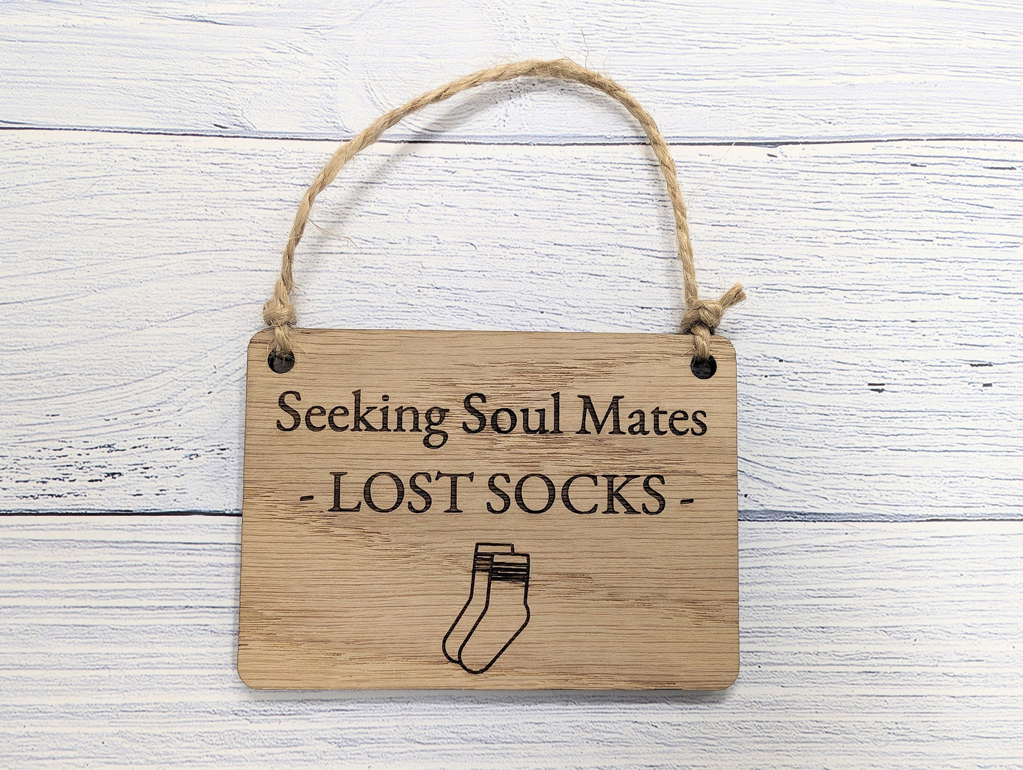 Seeking Soul Mates' - Oak Veneer MDF, Quirky Laundry Decor, 4 Sizes, Sock Graphic, Non-Personalised