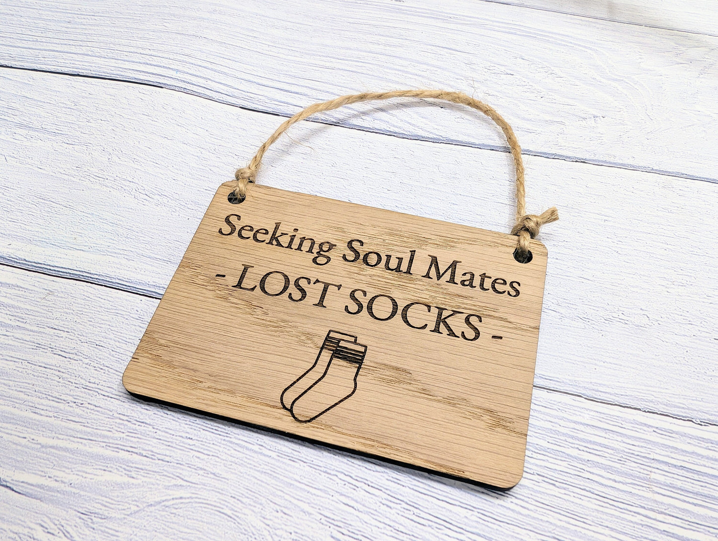 Seeking Soul Mates' - Oak Veneer MDF, Quirky Laundry Decor, 4 Sizes, Sock Graphic, Non-Personalised