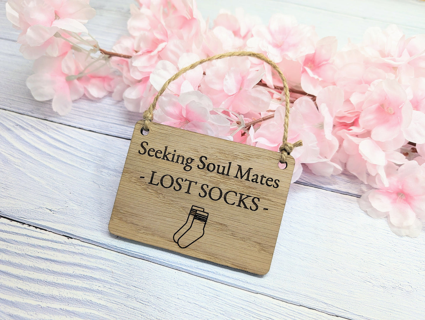 Seeking Soul Mates' - Oak Veneer MDF, Quirky Laundry Decor, 4 Sizes, Sock Graphic, Non-Personalised