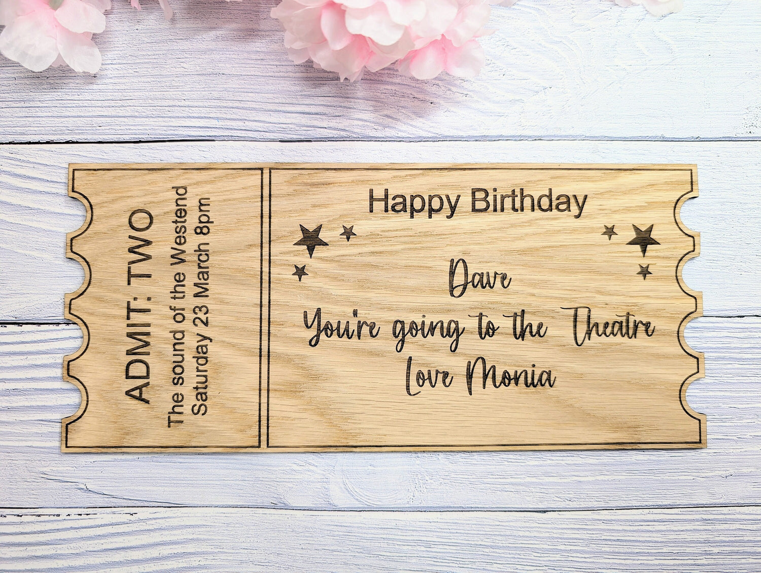 Personalised birthday magic ticket — oak veneer, laser engraved message, 3 sizes