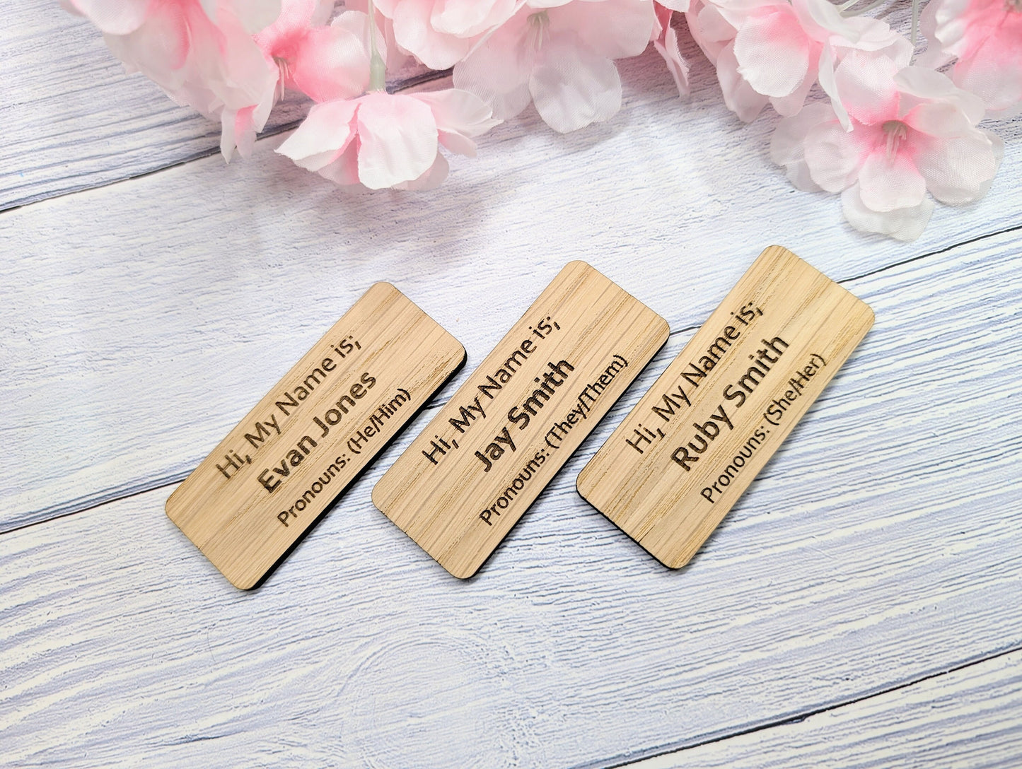 Custom Pronoun Oak Name Badges - Inclusive & Personal, Pin/Magnet | Eco-Friendly, 75x30mm, He/She/They - Respectful Workplace Accessory