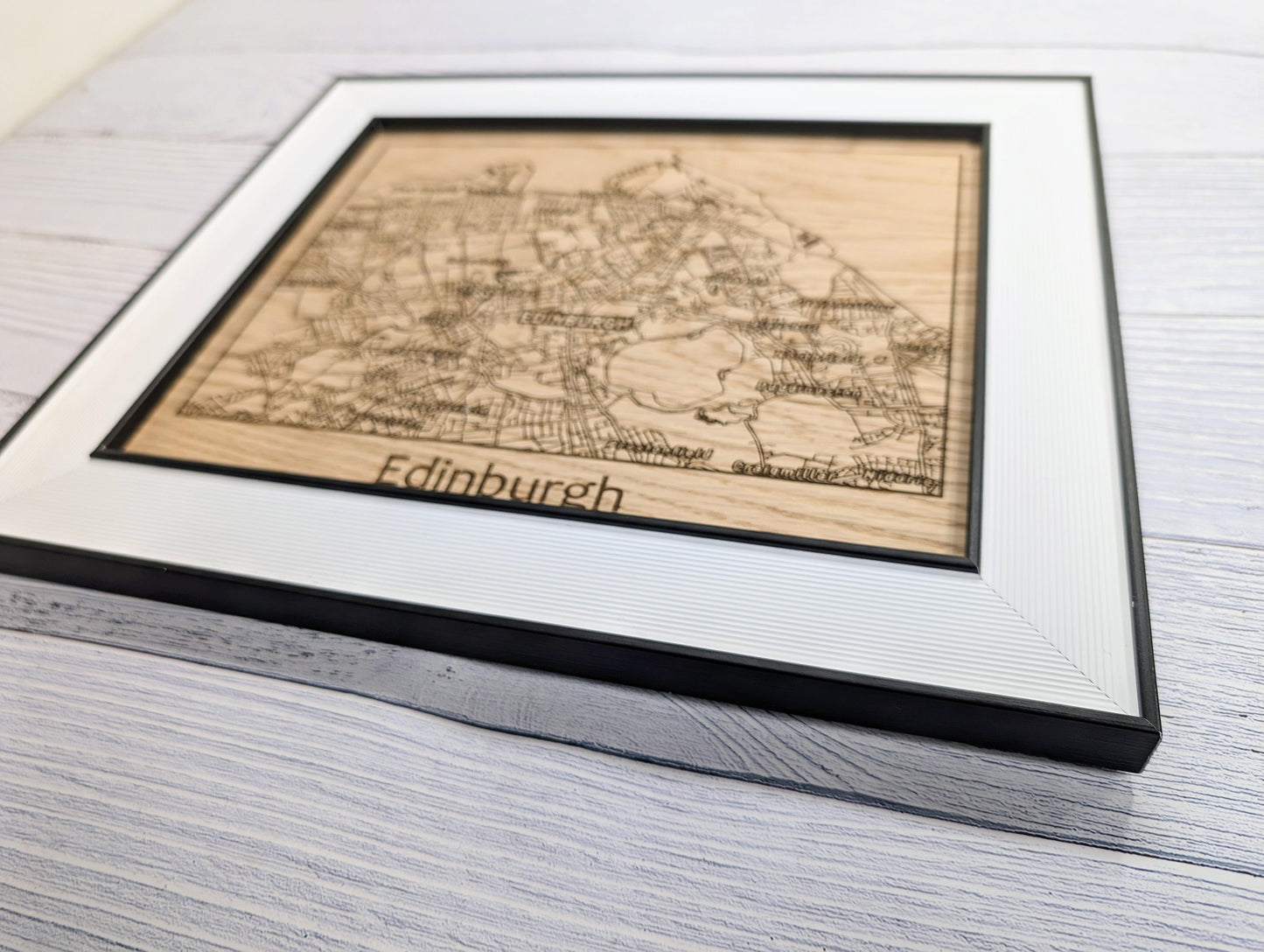 Framed Wooden Edinburgh Map - Oak Cityscape Art, Table/Wall Decor | 253x202mm, Monochrome Frame, Scottish Capital