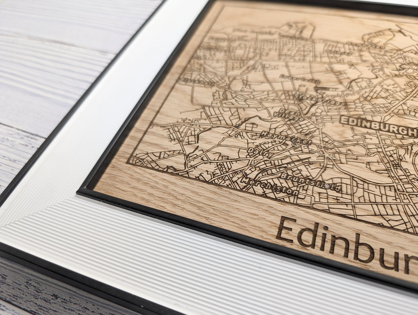 Framed Wooden Edinburgh Map - Oak Cityscape Art, Table/Wall Decor | 253x202mm, Monochrome Frame, Scottish Capital