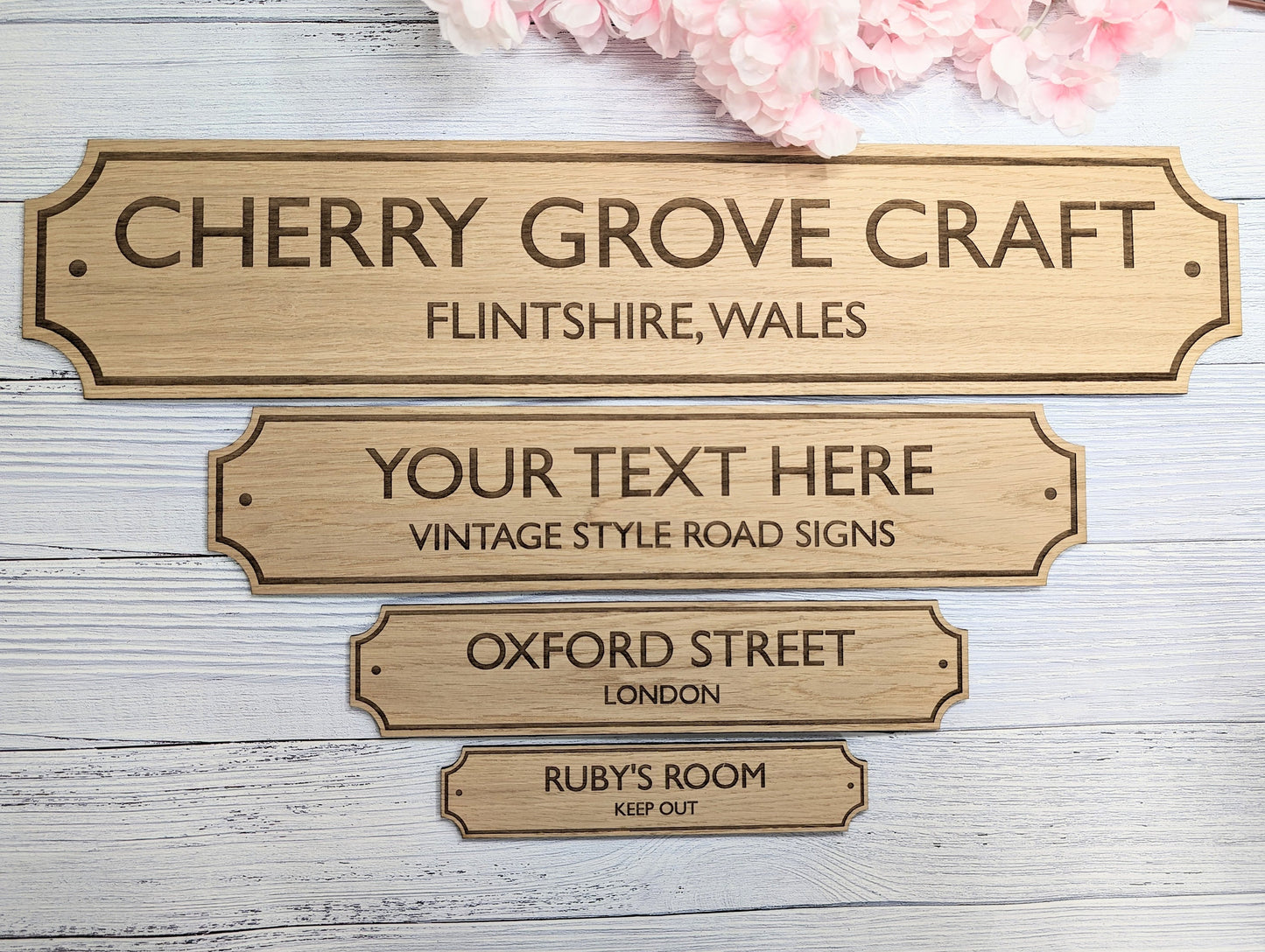 Retro British Street Name Sign - Personalised Oak Veneer, 4 Sizes | Custom Text, Vintage Style, Handcrafted in Wales