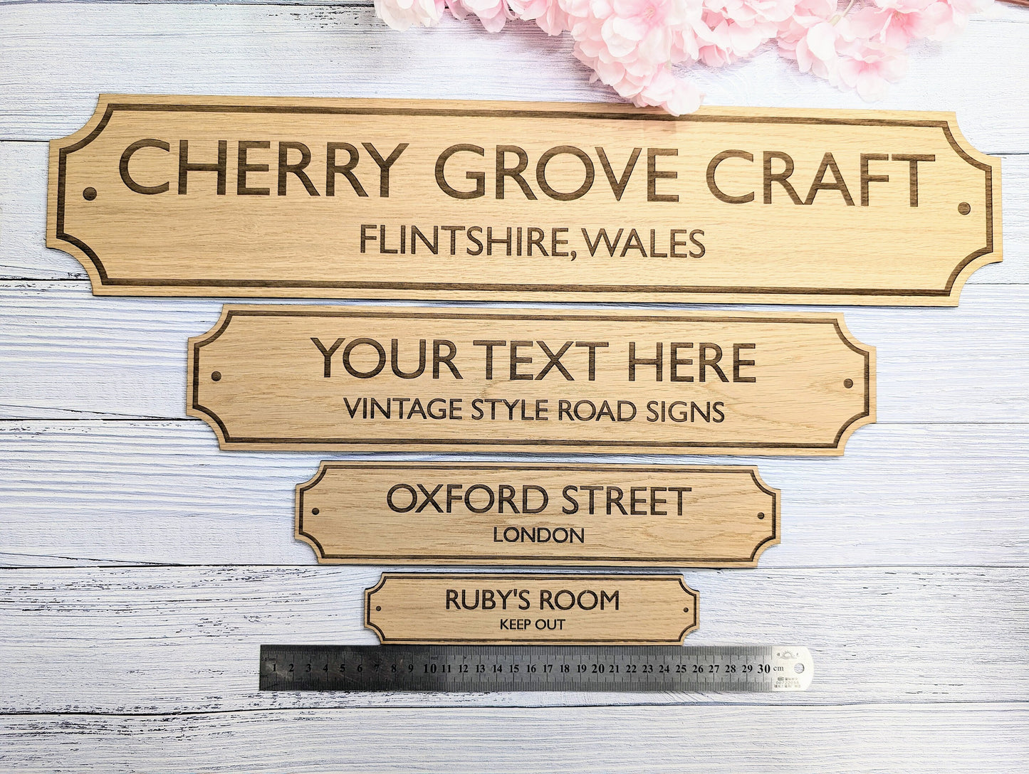 Retro British Street Name Sign - Personalised Oak Veneer, 4 Sizes | Custom Text, Vintage Style, Handcrafted in Wales