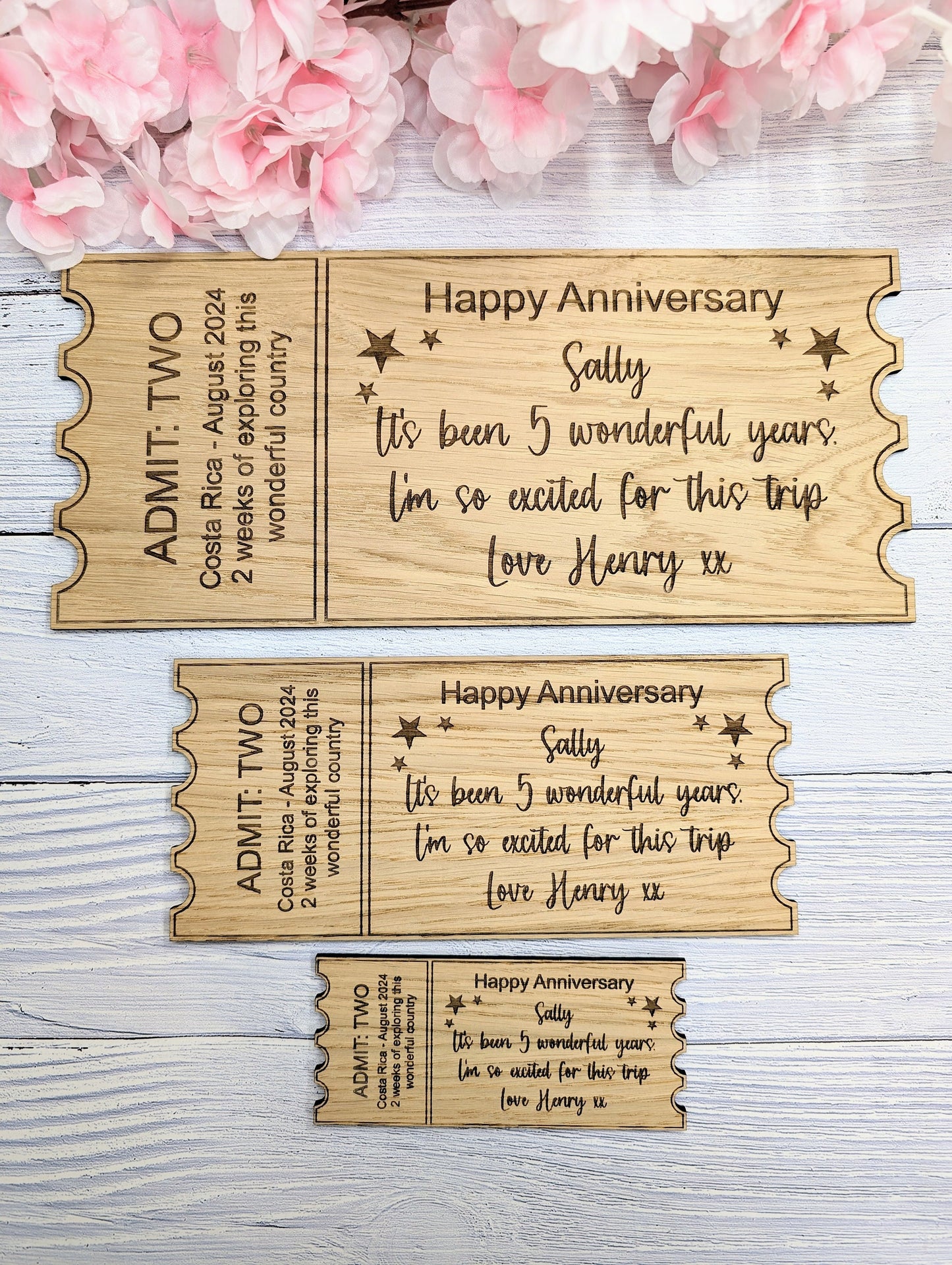 Personalised Oak Veneer Anniversary Ticket - Custom Love Voucher, Unique Keepsake Gift | Handcrafted in Wales, 3 Sizes Available