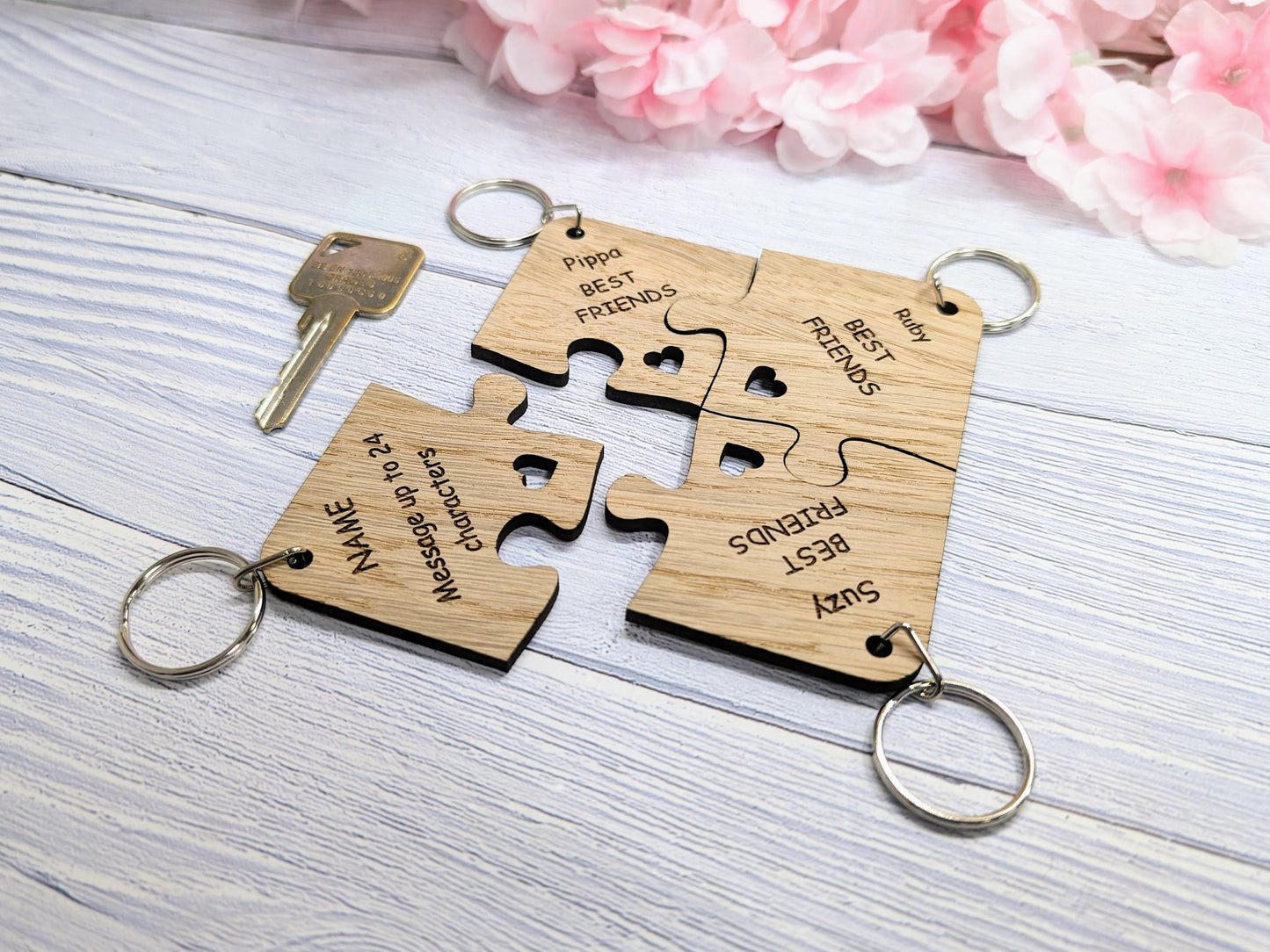 Personalised Jigsaw Keyring Set - 4 Pieces, Oak Veneer, 100x100mm | Handcrafted in Wales, Unique Gift Idea, Friends, Family, Colleagues