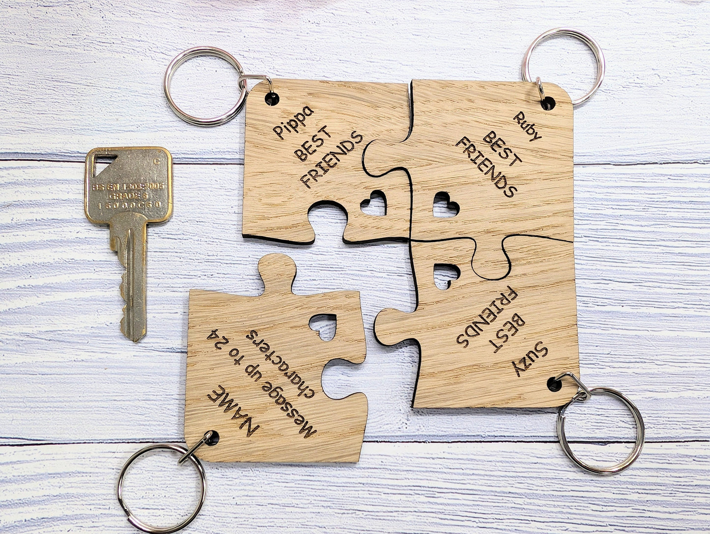 Personalised Jigsaw Keyring Set - 4 Pieces, Oak Veneer, 100x100mm | Handcrafted in Wales, Unique Gift Idea, Friends, Family, Colleagues