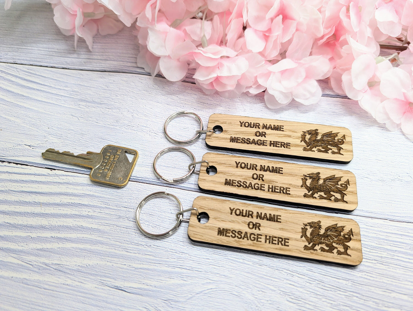 Personalised Welsh Dragon Keyring - 90x25mm Oak Wood, Custom Text | Ideal for Hotels, Clubs, Gifts, Sports Teams, Airbnb, Keepsake