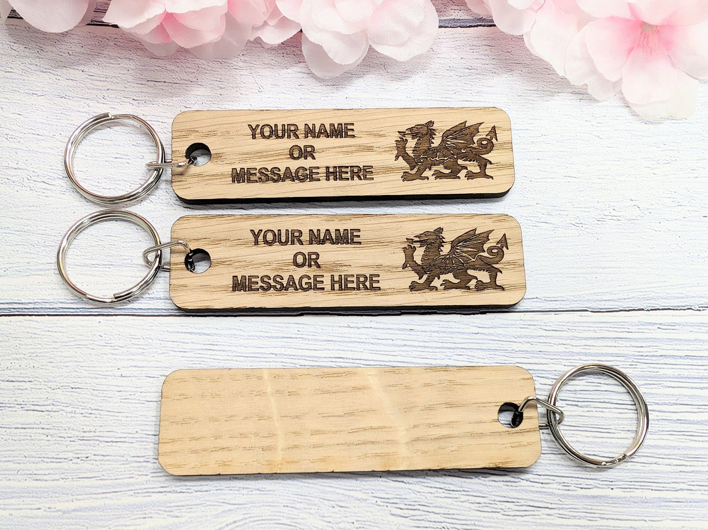 Personalised Welsh Dragon Keyring - 90x25mm Oak Wood, Custom Text | Ideal for Hotels, Clubs, Gifts, Sports Teams, Airbnb, Keepsake